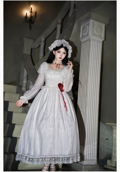 With PUJI - Dawn's Last Light - Castle Printed White Gothic Lolita OP, Two Length Styles