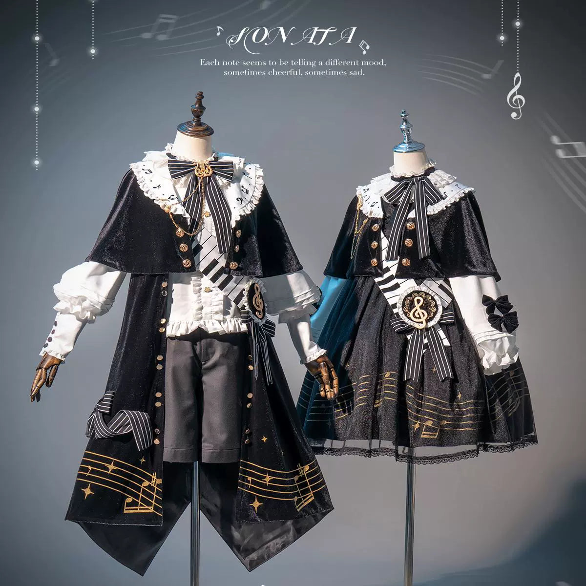 Forest Fluorescent Carps - Black and White Sonata - Ouji Lolita Vest Suit and Vintage Lolita OP Dress