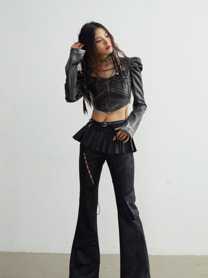 Cut-out Lace-up Pockets Decorated Flare Pants With Skirt