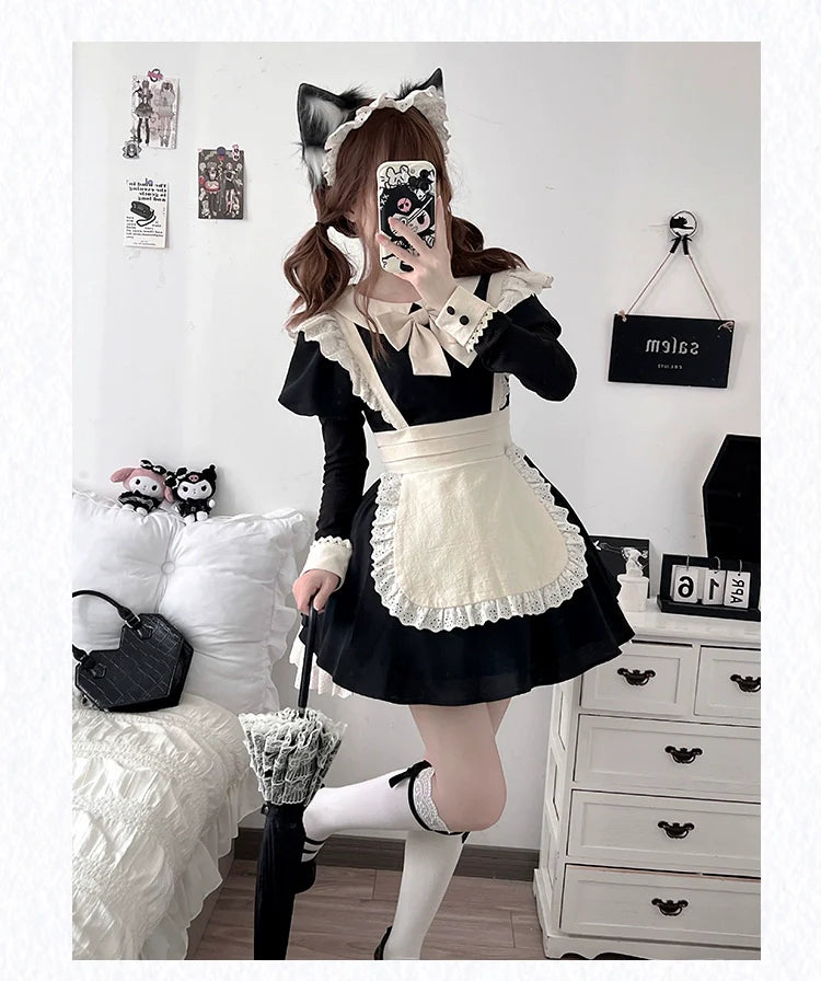 With PUJI - Kiss Kiss - Vintage Lolita OP Dress Maid Lolita Apron Dress