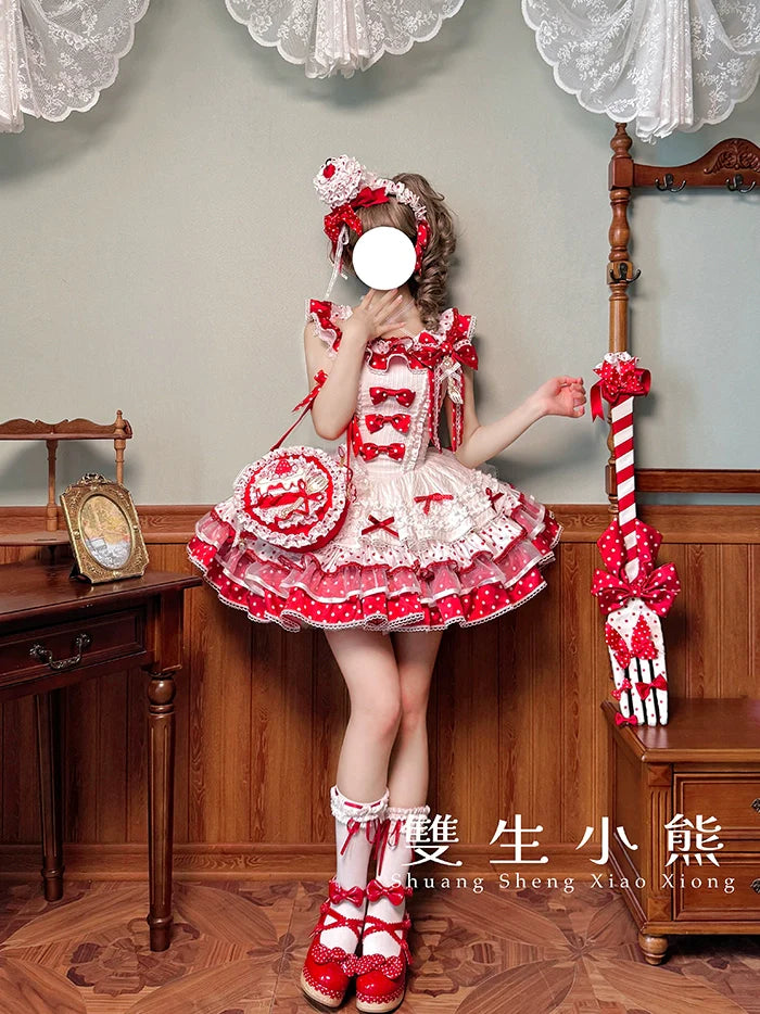 Shuang Sheng Xiao Xiong - Bite The Cake - Sweet Lolita Dress, Red & White Polka Dots