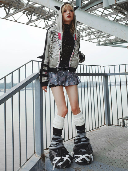 Bow Skull Print Pointed ZIP-Up Parka【s0000004229】