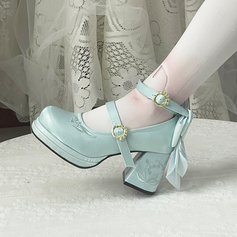 Dreamland - Dreamlike Lily of the Valley - Classic Lolita Platform Shoes with Back Large Bow