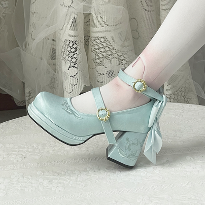 Dreamland - Dreamlike Lily of the Valley - Classic Lolita Platform Shoes with Back Large Bow
