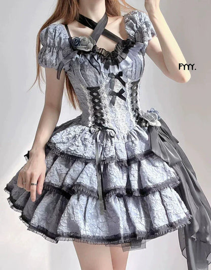 Xingweimian - Medea's Kiss - Gothic Lolita OP Dress Short-Sleeved Black-blue Dress Set