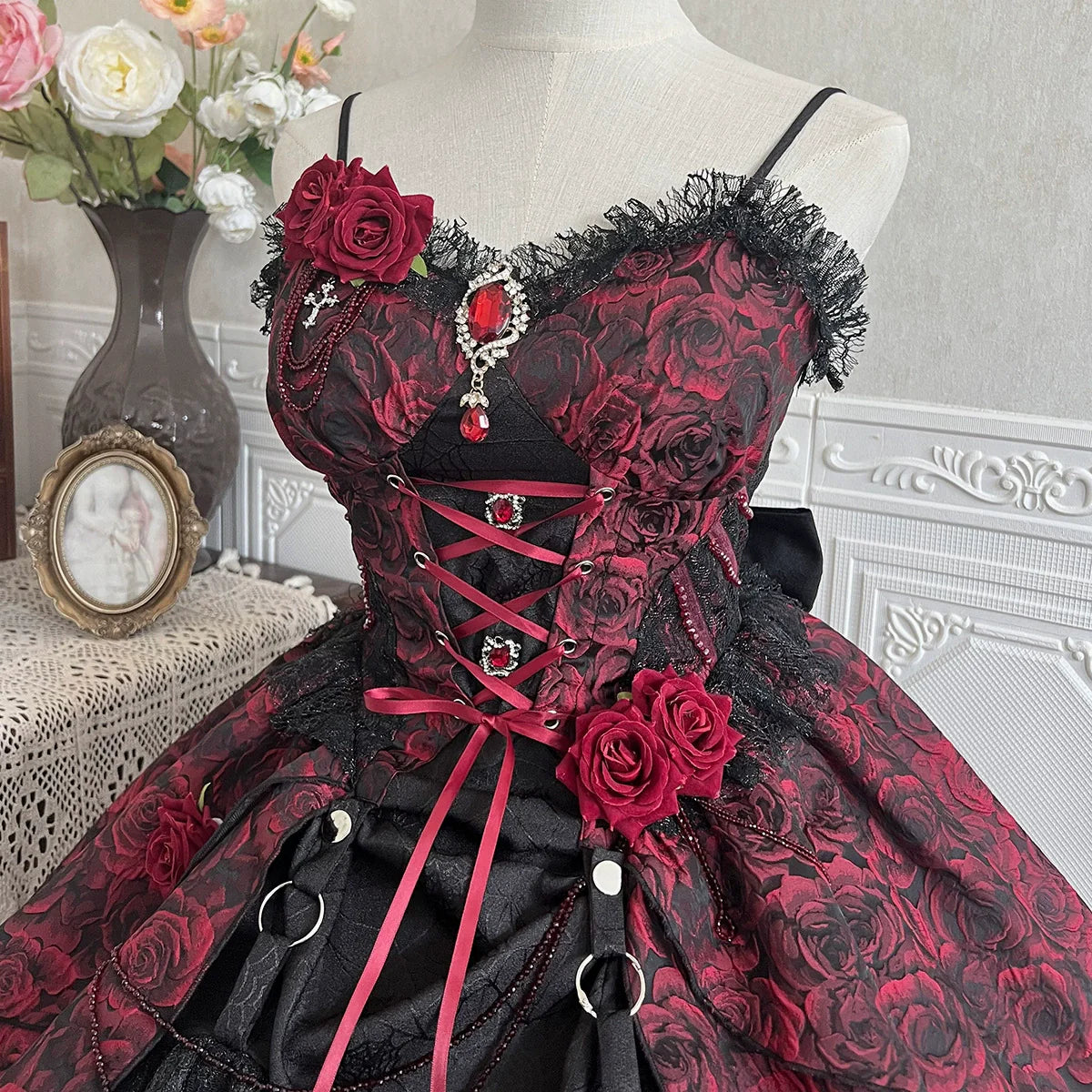 Cornfield Lolita - Rose Blood - Black Red Gothic Lolita JSK Jacquard Court Dress
