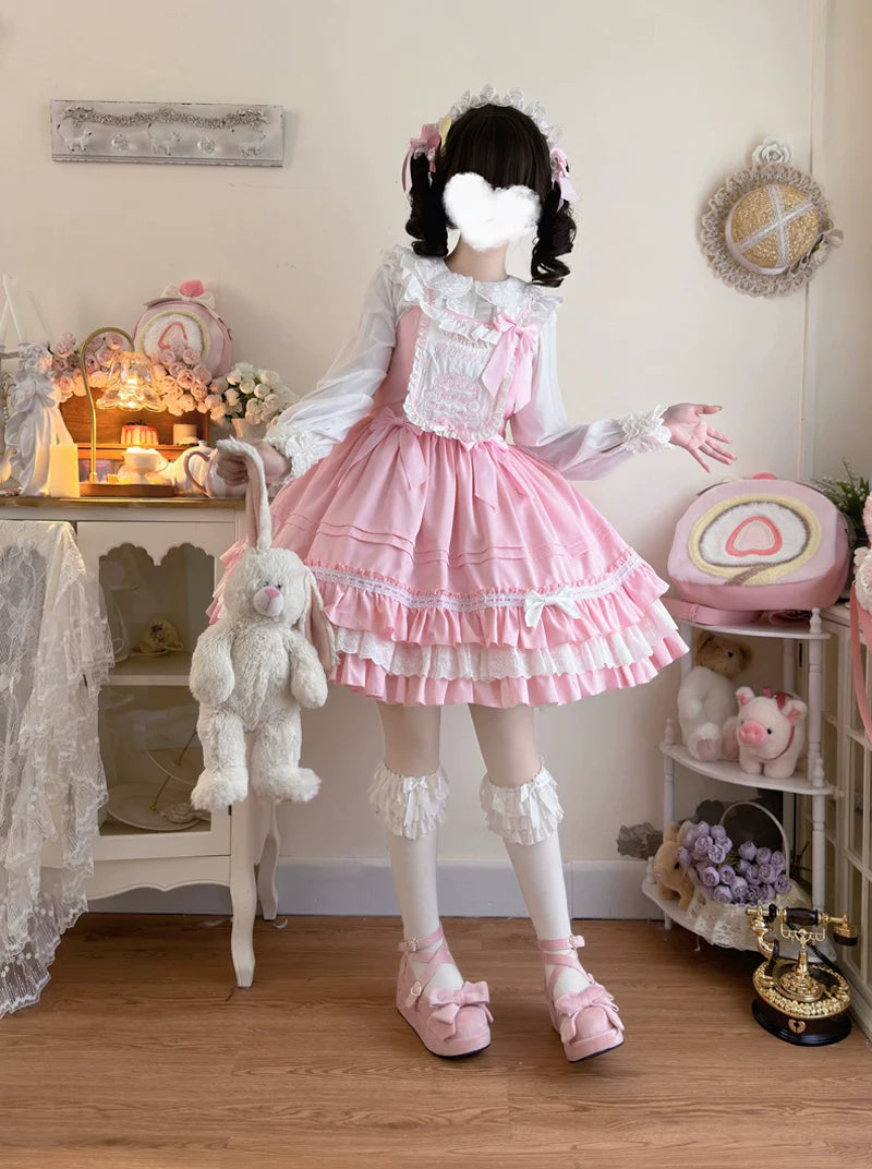 Hanguliang - Sweet Bear - Kawaii Lolita JSK Dress Embroidery Flounce Hem