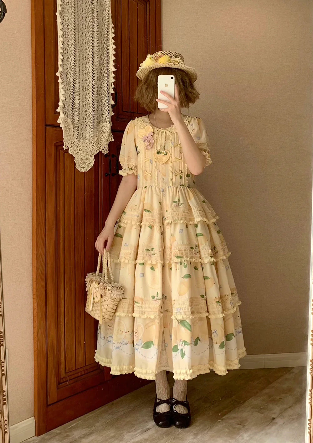 Miss Point - Lemon Chick - Country Lolita Printed OP With Button Front