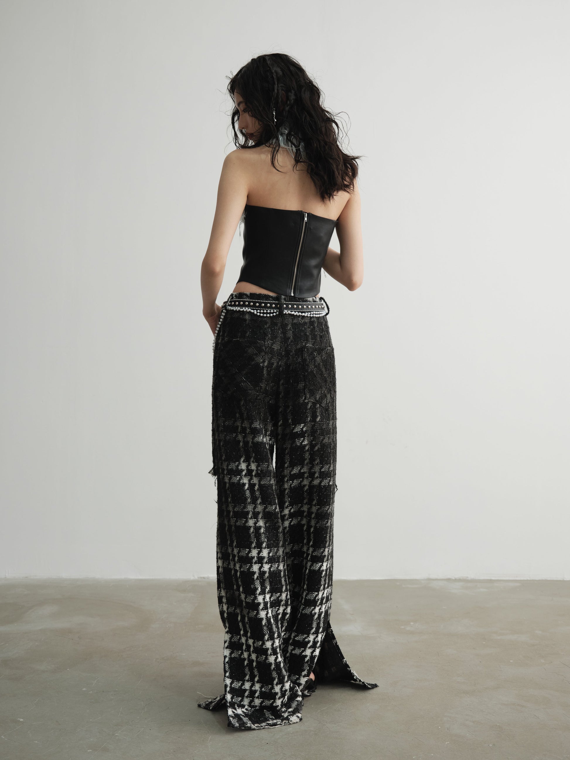 Punk Heavy Sense Raw Edge Gradient Wide Leg Plaid Trousers