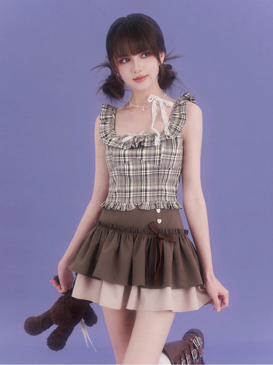 Plaid short suspender top【s0000007841】