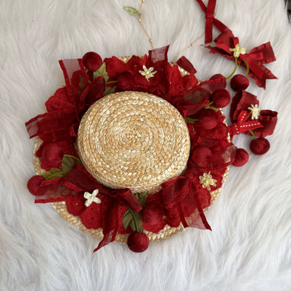Chestnut Lolita - Sweet Lolita Headdress Cherry Hair Clip Straw Hat Necklace Handmade Set
