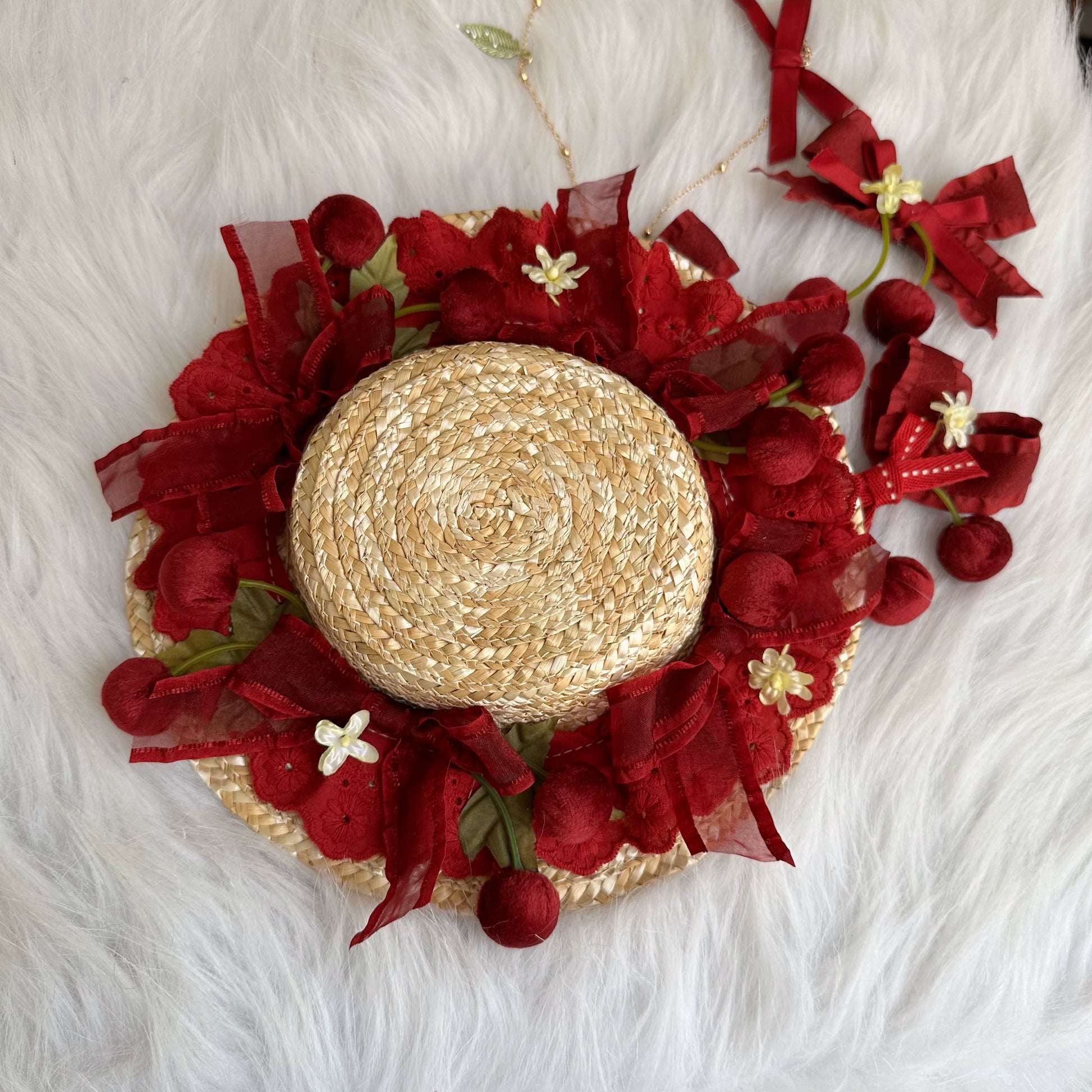 Chestnut Lolita - Sweet Lolita Headdress Cherry Hair Clip Straw Hat Necklace Handmade Set