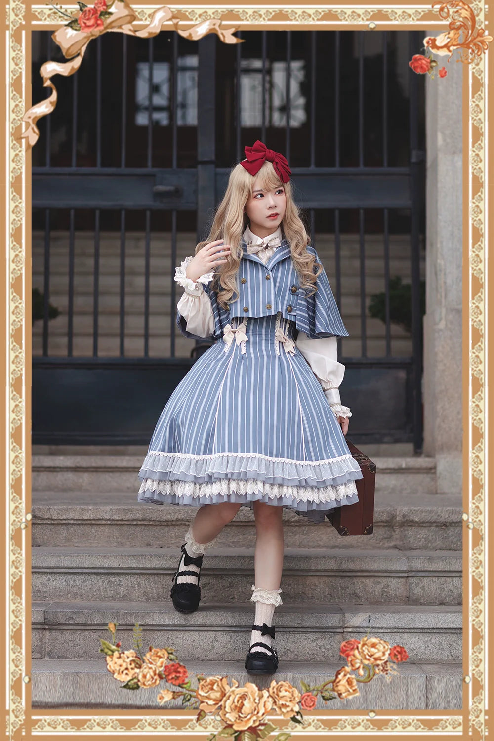 Infanta - Elegant Lolita Stripe High-waist Jumper Dress Set and Cape
