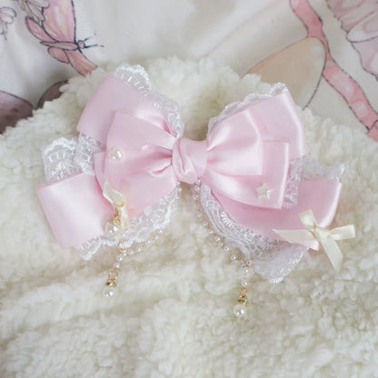 MaoJiang Handmade - Dreamy Sweet Lolita Layerd Bow Hair Clip, Pearl Accents