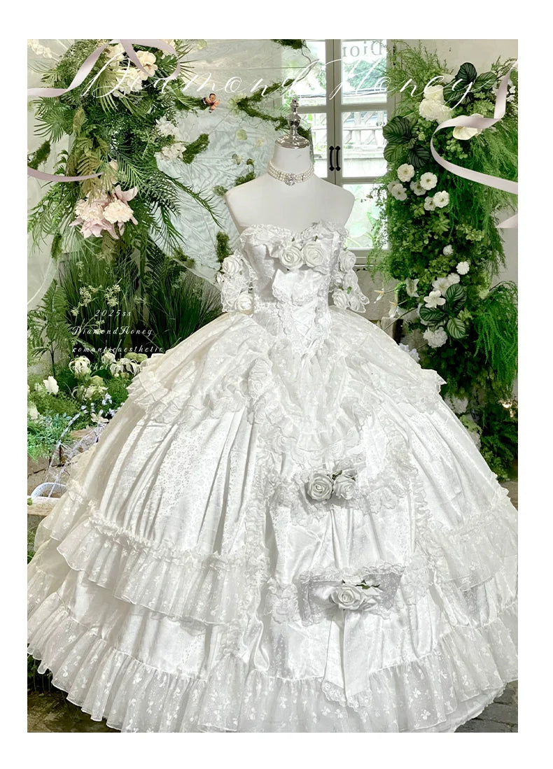Diamond Honey - Love and Roses - Princess Bridal Wedding Lolita Dress With Rose Detail and Tiered Skirt