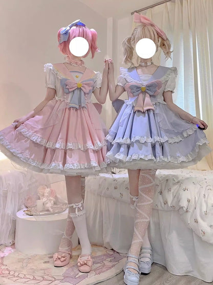 Labixiaoxin - Sweet Lolita OP Dress Navy Collar Pastel Tiered Dress
