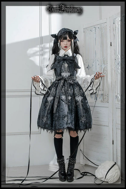 DuskProphecy - Coccyx - Elegant Lolita Dress High Waist Fishbone Print JSK Set