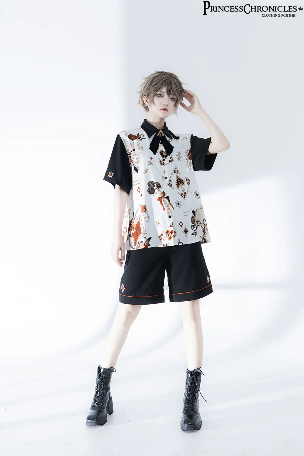 Princess Chronicles - Floral Intoxication - Retro Ouji Lolita Shirt Floral Short Sleeve Shirt and Embroidered Black Shorts