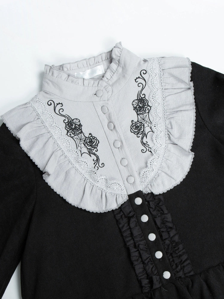 With PUJI - Castle Night - Gothic Twins Lolita OP Three-tiered Embroidery Dress