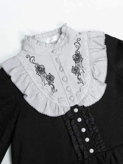 With PUJI - Castle Night - Gothic Twins Lolita OP Three-tiered Embroidery Dress