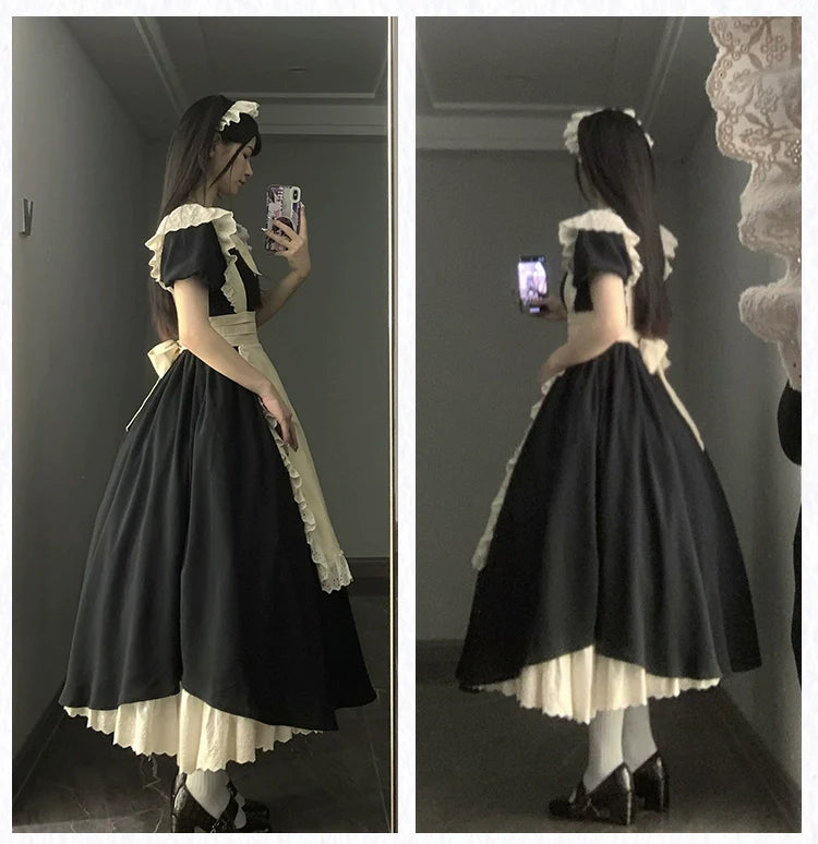 With PUJI - Kiss Kiss - Vintage Lolita OP Dress Maid Lolita Apron Dress