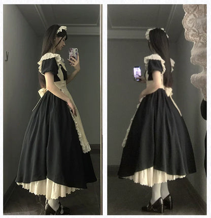 With PUJI - Kiss Kiss - Vintage Lolita OP Dress Maid Lolita Apron Dress