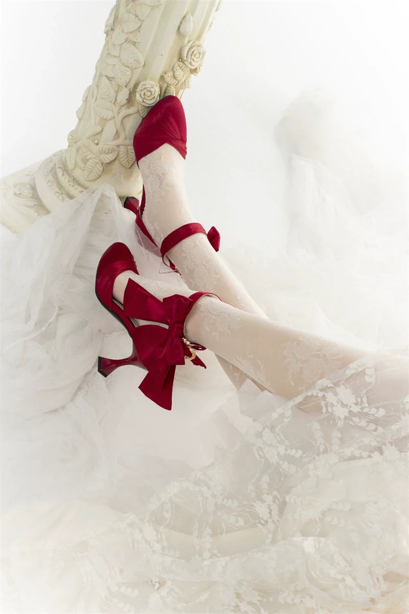MR.Qiutian - Coronation - Elegant Lolita Shoes Satin Heels With Rose Buckle & Bow Clip