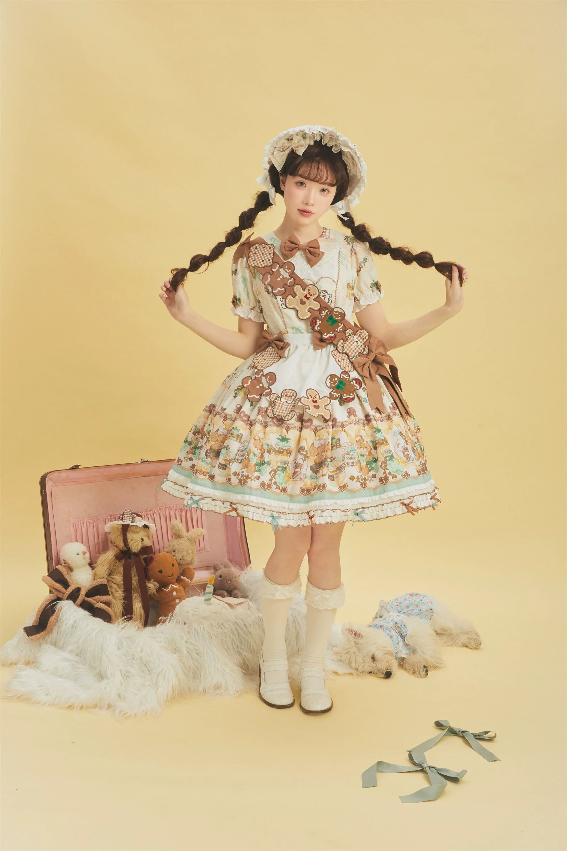 Babyblue - Little Bear Honey Jar - Kawaii Lolita Short Sleeve OP Gingerbread Man Embroidered Dress