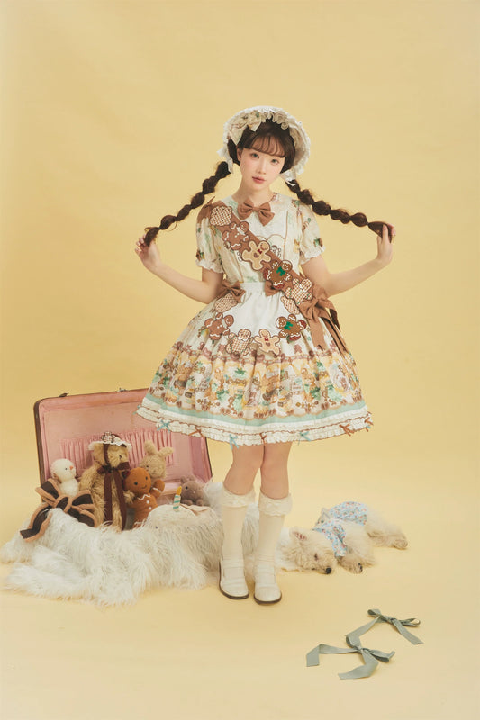 Babyblue - Little Bear Honey Jar - Kawaii Lolita Short Sleeve OP Gingerbread Man Embroidered Dress