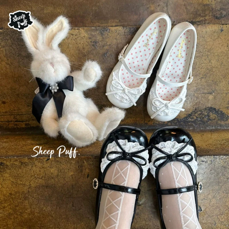 Sheep Puff - Young Layla - Vintage Lolita Shoes Low Heel Butterfly Shoes