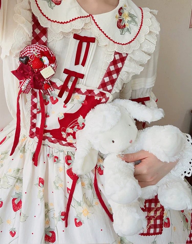 Piggy Bun - Sweet Lolita Shirt Strawberry Embroidery Ivory Blouse