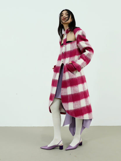 Hollow Strapless Plaid Woolen Coat