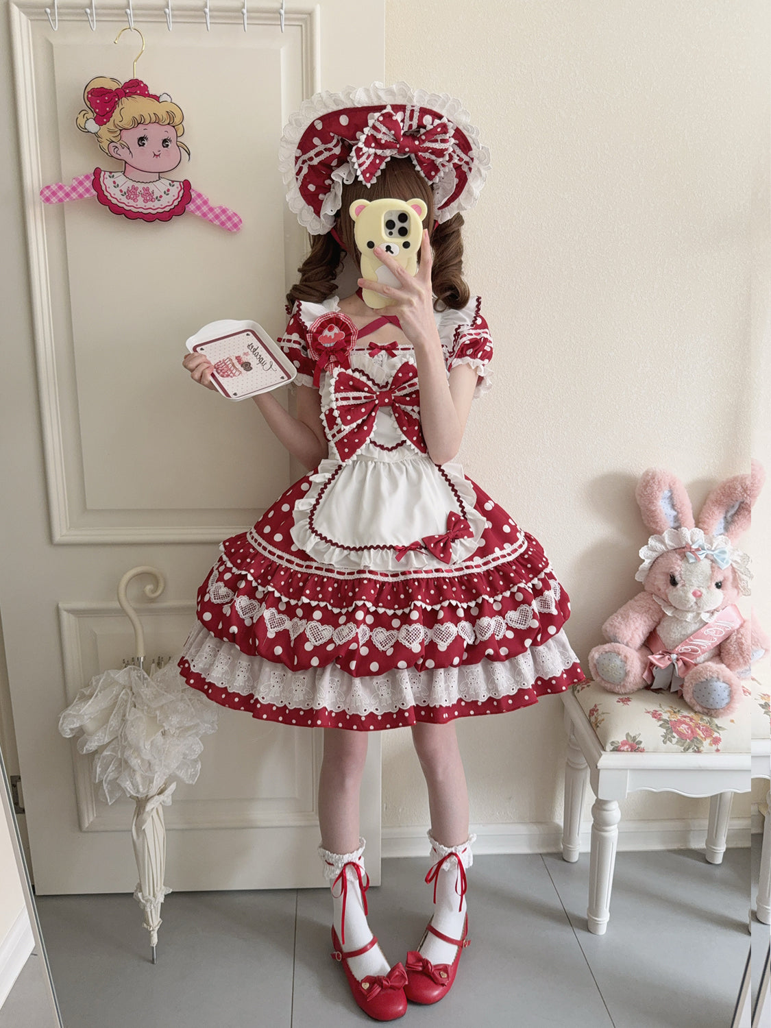 Hanguliang - Berry Bubble - Sweet Lolita OP Suit Tiered Ruffles Skirt with Polka Dots