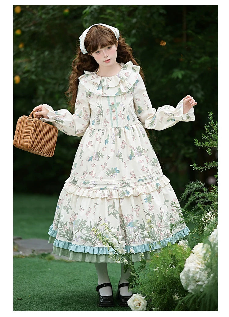 With PUJI - Oriole Time - Country Lolita JSK and OP Dress, Floral and Bird Print