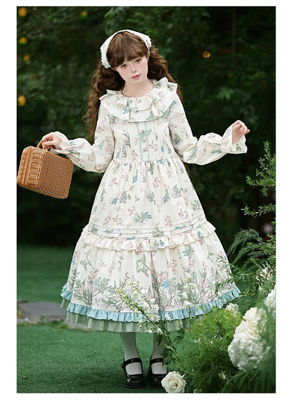 With PUJI - Oriole Time - Country Lolita JSK and OP Dress, Floral and Bird Print