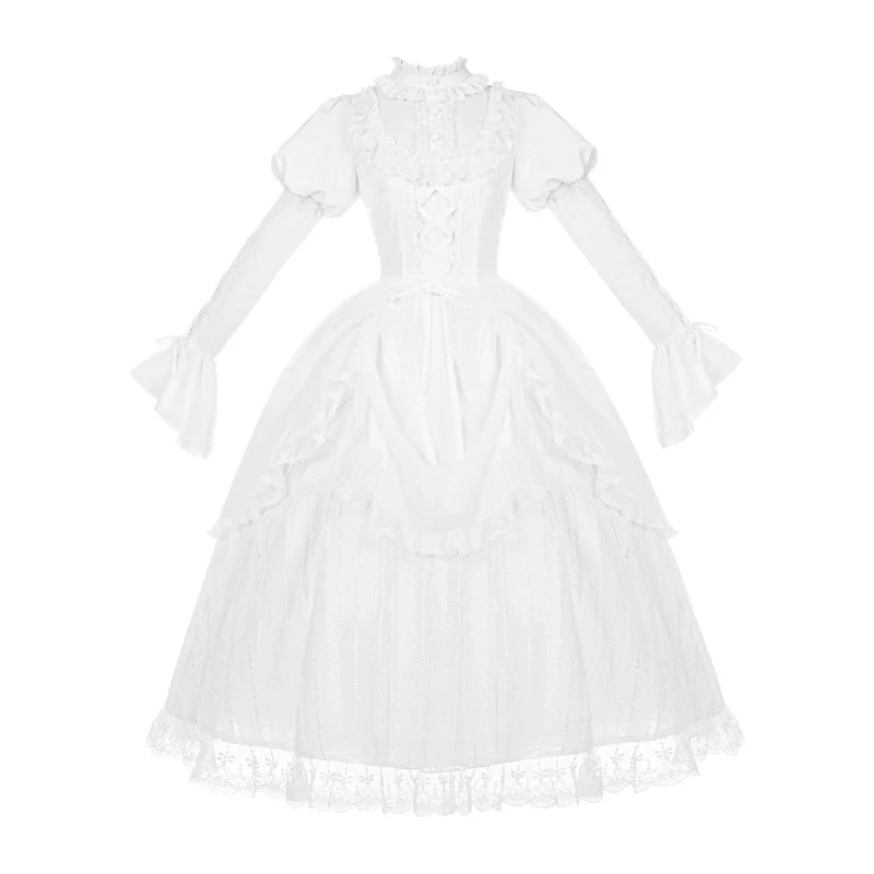 With PUJI - Fallen Heaven - White Gothic Lolita OP Set, Double Layered Skirt