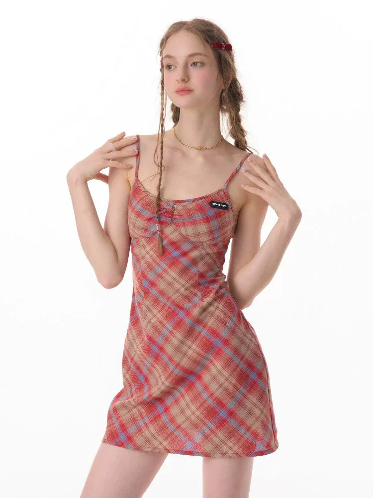 Retro plaid suspender dress【s0000007831】