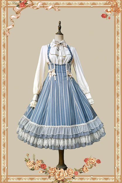Infanta - Elegant Lolita Stripe High-waist Jumper Dress Set and Cape