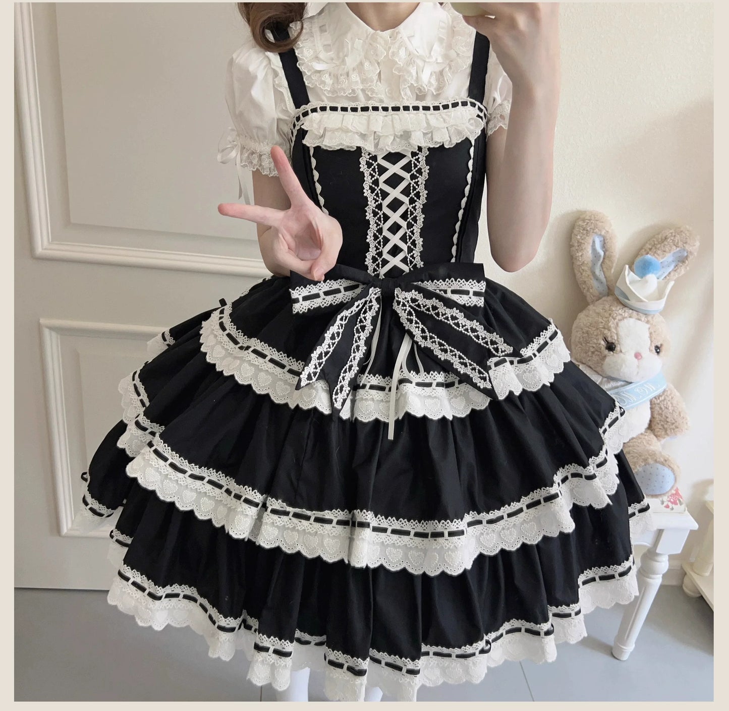 TaTaTa Lolita - Otome Heart - Cotton Old School Lolita JSK Dress Suit, Heart-Shaped Lace Trim