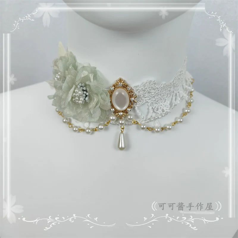 Cocoa Jam - Elegant Lolita Necklace Rose Gemstones and Pearl Necklace