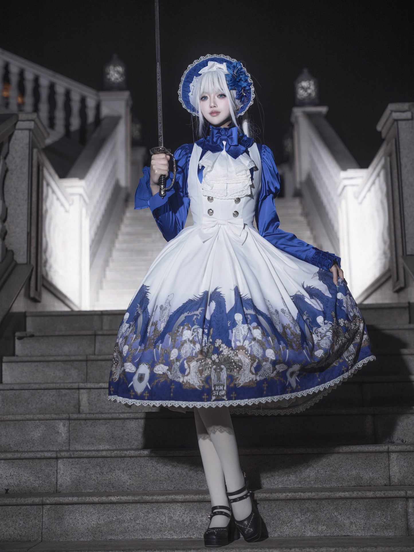 Nn Star - Dragonbone Lily - Dragon Skeleton Print Gothic Lolita Bust-supporting JSK and BNT