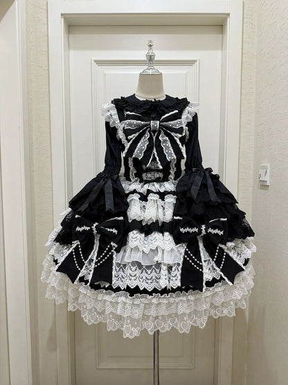 Hanguliang - Cross Heart Knot - Sweet Lolita JSK Suit Tiered Ruffles Dress with Lace Blouse