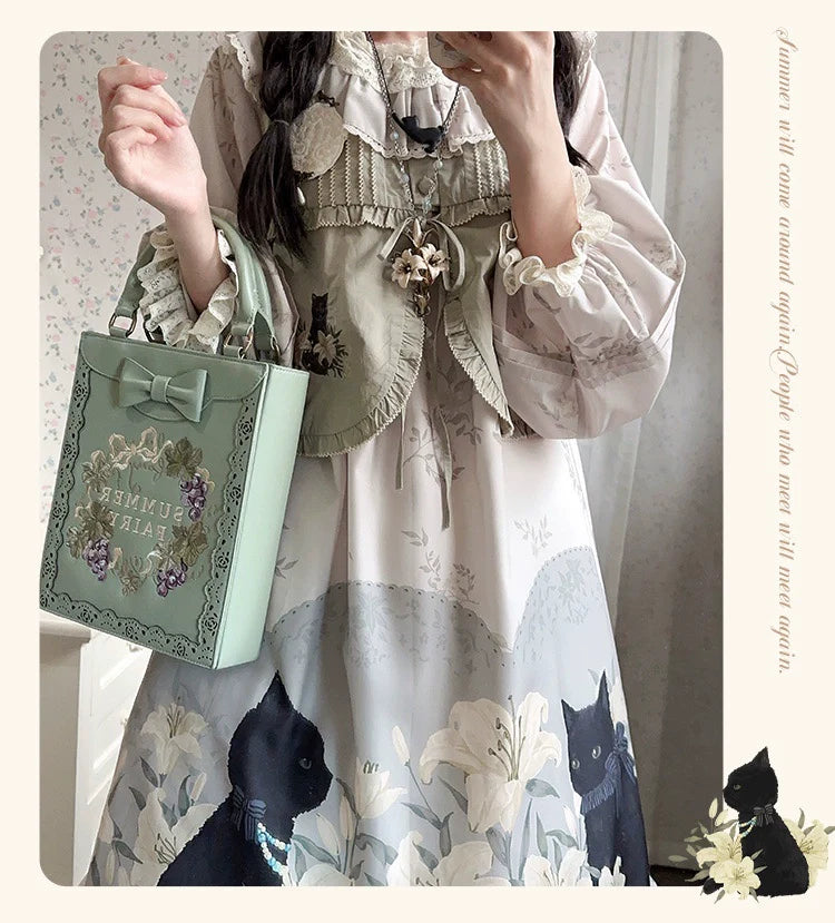 Akiyama Future Studio - Black Cat and Lily - Loose Kawaii Lolita OP Dress with Vest and Hat