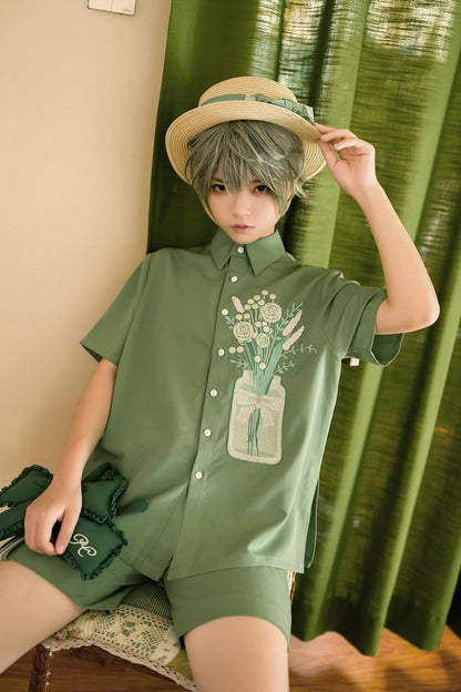 Princess Chronicles - Limited Flowering Time - Retro Green Flower Embroidery Shirt