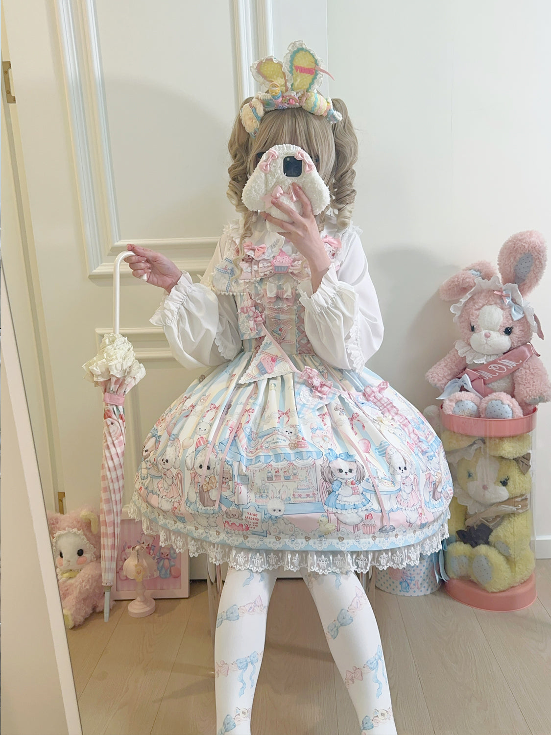 Hanguliang - Sweet Tea Party - Kawaii Lolita JSK Puppy Printed Dress with Sash