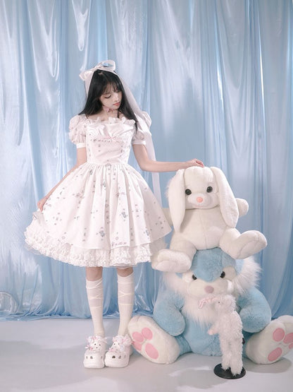 Print puff sleeve lace dress【s0000002172】