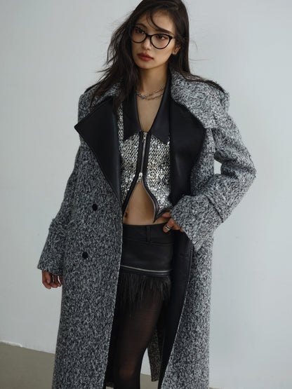 Retro Urban Style Leather Stitch Long Coat