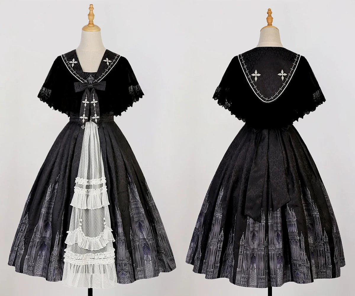 Cornfield Lolita - Silent Church - Gothic Lolita JSK Front Open Printed Dress and Thin Cardigan Set