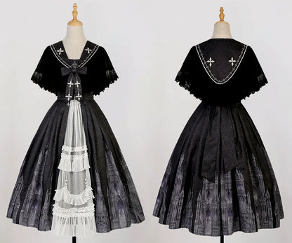 Cornfield Lolita - Silent Church - Gothic Lolita JSK Front Open Printed Dress and Thin Cardigan Set