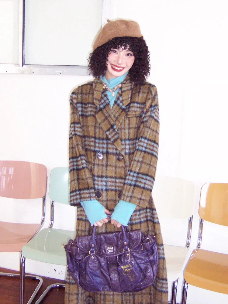 Loose long wool plaid coat【s0000005547】